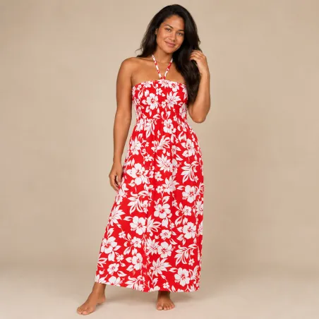 Robe hawaïenne longue rouge et blanche en coton | Robe fleurie