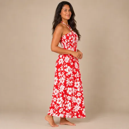 Robe hawaïenne longue rouge et blanche en coton | Robe fleurie