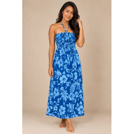 Robe hawaïenne bleue et turquoise en coton | Robe hibiscus