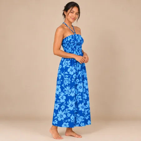 Robe hawaïenne bleue et turquoise en coton | Robe hibiscus