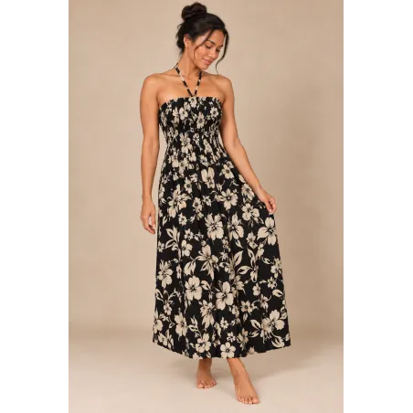 Robe hawaïenne noire et crème en coton | Hibiscus