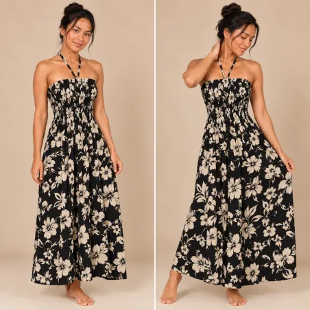 Robe hawaïenne noire et crème en coton | Hibiscus