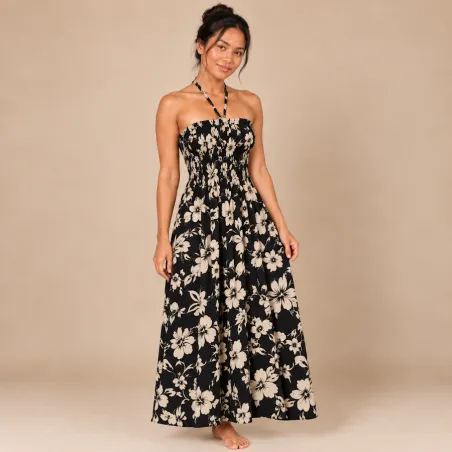 Robe hawaïenne noire et crème en coton | Hibiscus