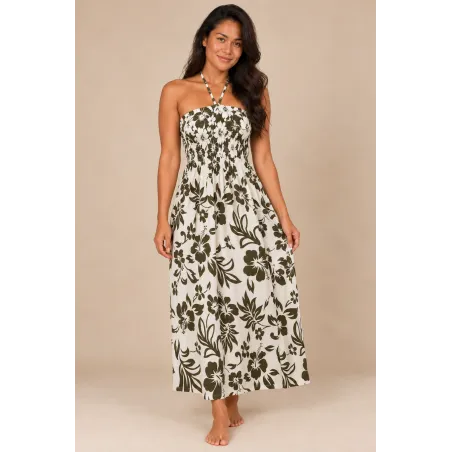 Robe hawaïenne crème et kaki en coton | Hibiscus