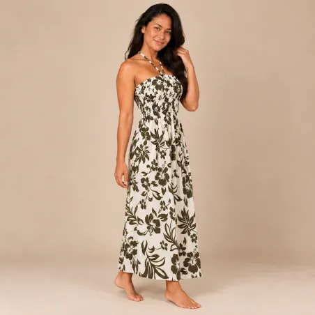Robe hawaïenne crème et kaki en coton | Hibiscus