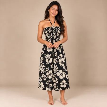 Robe tahitienne noire hibiscus crème – 80 cm