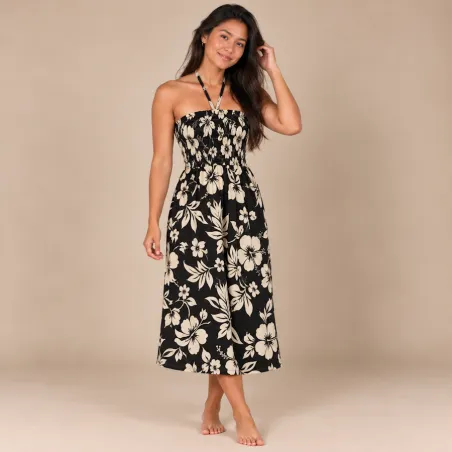 Robe tahitienne noire hibiscus crème – 80 cm