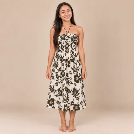 Robe tahitienne crème hibiscus kaki – 80 cm
