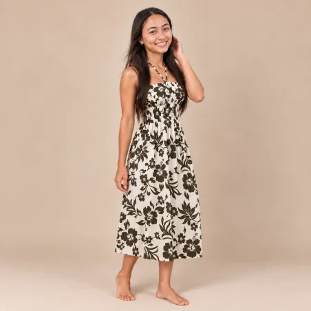 Robe tahitienne crème hibiscus kaki – 80 cm