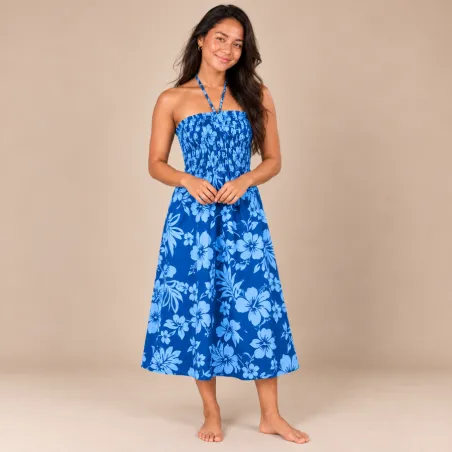 Robe tahitienne bleue hibiscus turquoise – 80 cm