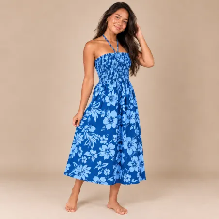 Robe tahitienne bleue hibiscus turquoise – 80 cm