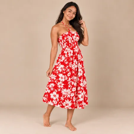Robe tahitienne rouge hibiscus blanc – 80 cm