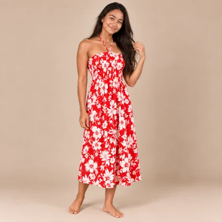 Robe tahitienne rouge hibiscus blanc – 80 cm