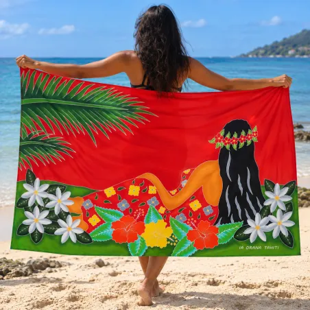Paréo polynésien rouge – Vahiné et fleurs tropicales