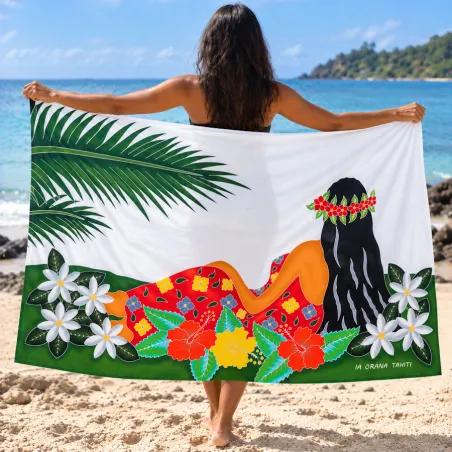 Paréo tahitien blanc – Vahiné & fleurs tropicales