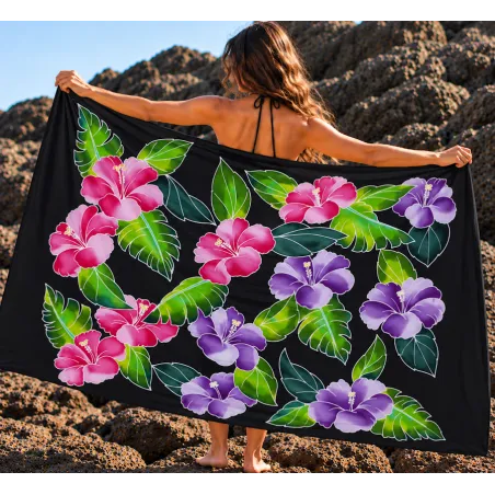 Paréo Noir Hibiscus Maïté