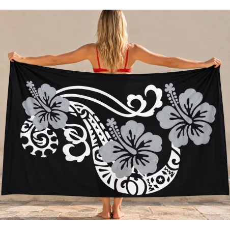 Paréo noir Tattoo et Hibiscus