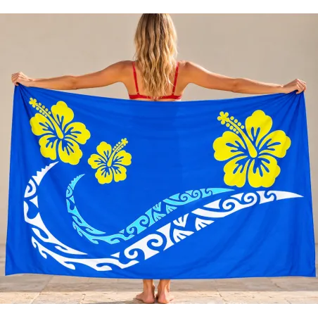 Paréos bleu double frise tattoo hibiscus