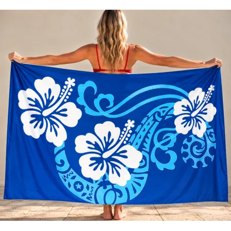 Paréo bleu Tattoo et Hibiscus