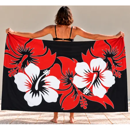 Paréo Noir, rouge, blanc, gros hibiscus
