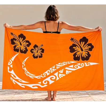 Paréos orange double frise tattoo hibiscus