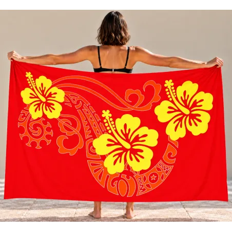 Paréos rouge double frise tattoo hibiscus