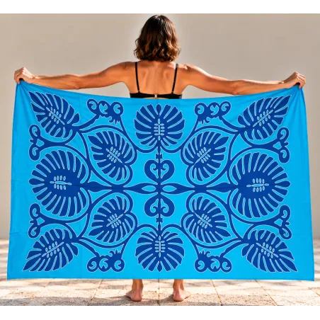 Paréo polynésien turquoise – Motifs feuilles d’uru