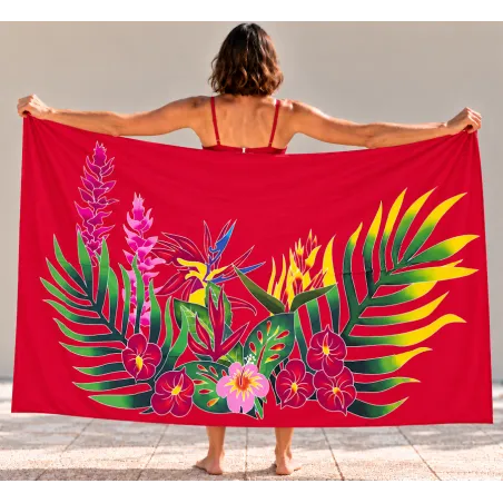 Paréo polynésien rouge – Fleurs et feuilles tropicales