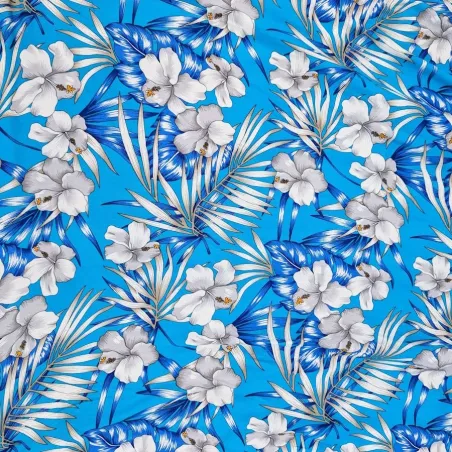 Tissu Polynésien Bleu à Fleurs Blanches