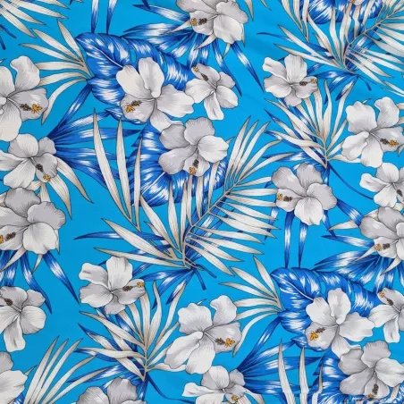 Tissu Polynésien Bleu à Fleurs Blanches