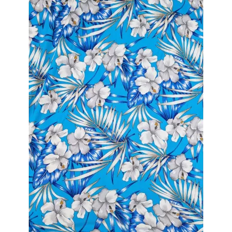 Tissu Polynésien Bleu à Fleurs Blanches