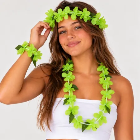Ensemble Lei Hawaïen Vert Pâle – Collier, Bracelets et Couronne