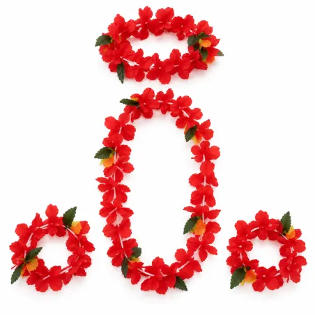 Ensemble Lei Hawaïen Rouge – Collier, Bracelets et Couronne