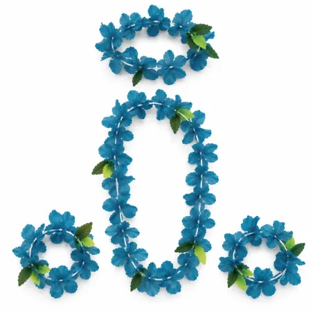 Ensemble hawaïen bleu turquoise – Collier, bracelets et couronne