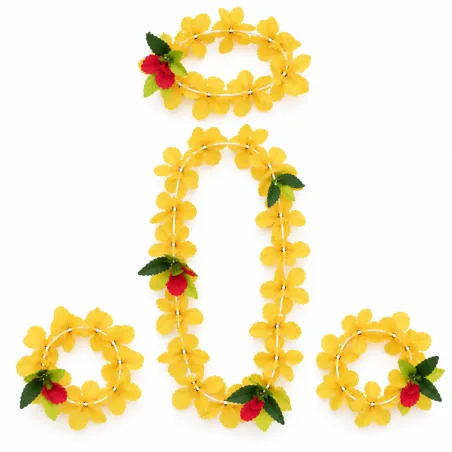 Ensemble hawaïen jaune – Collier, bracelets et couronne