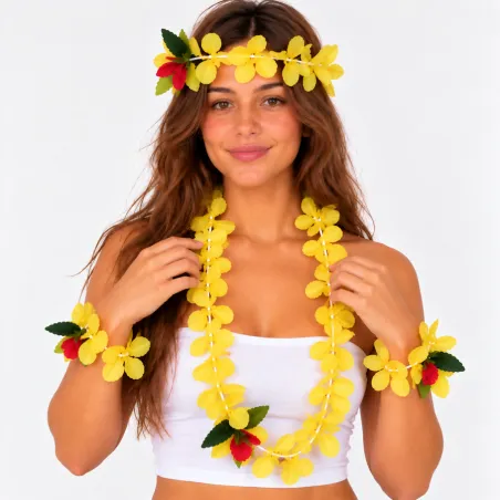 Ensemble hawaïen jaune – Collier, bracelets et couronne