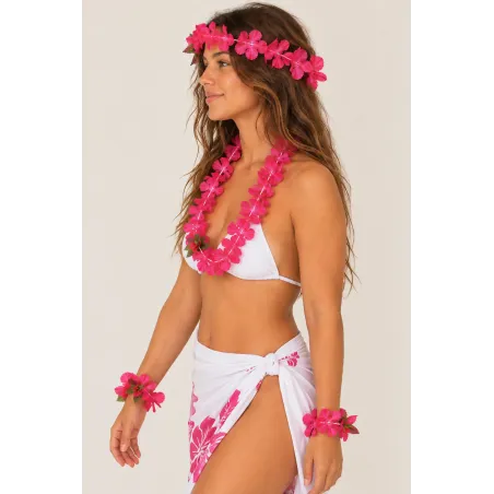 Set hawaïen rose – Collier, couronne et bracelets