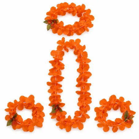 Ensemble hawaïen orange – Collier, couronne et bracelets