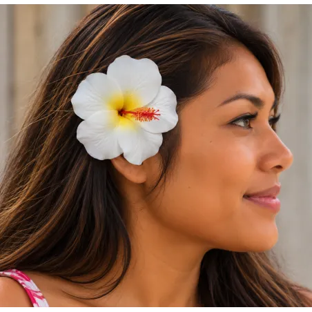 Fleur hibiscus blanche pour cheveux – Accessoire cheveux vahiné