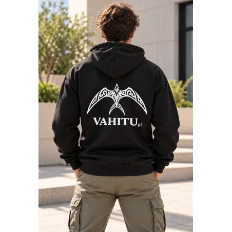 Sweat-shirt noir à capuche VAHITU – Motifs marquisiens - oiseau