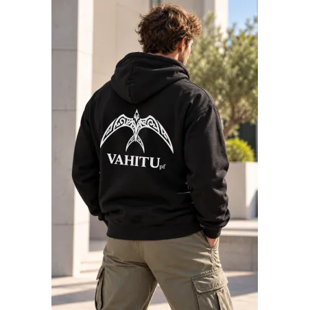 Sweat-shirt noir à capuche VAHITU – Motifs marquisiens - oiseau
