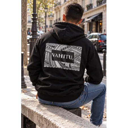 Sweat noir à capuche VAHITU.pf – Tatouage polynésien
