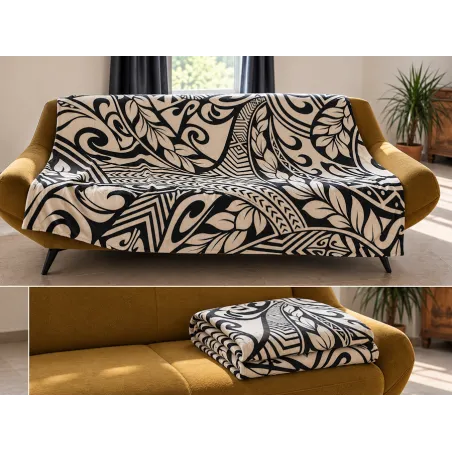 Grand Plaid Tatouage Polynésien noir et crème