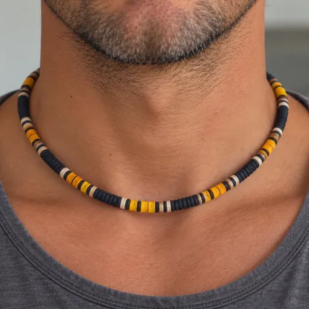 Collier surfeur noir et orange à perles heishi