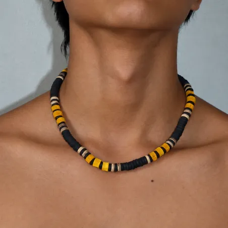 Collier surfeur noir et orange à perles heishi