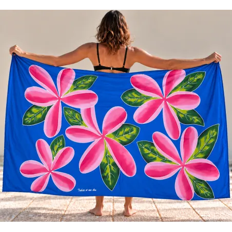 Paréo bleu à fleurs roses – Tahiti et ses