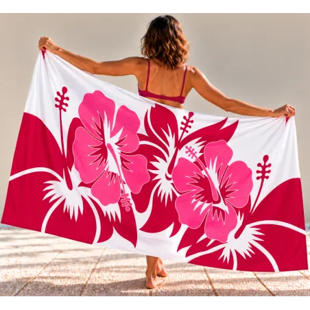 Paréo blanc hibiscus rose fuchsia – Tahiti et ses îles