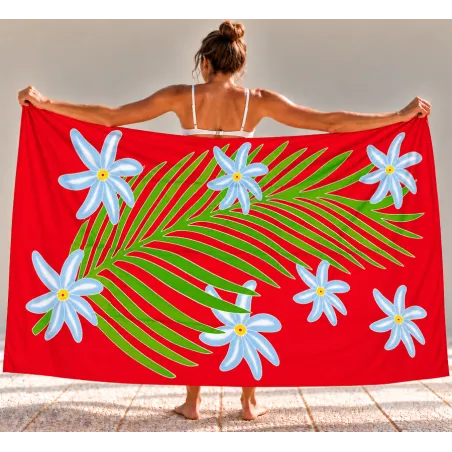 Paréo rouge tropical à fleurs blanche et feuilles vertes