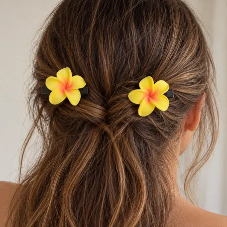 Barrettes fleurs de tiaré jaunes et corail – Polynésie