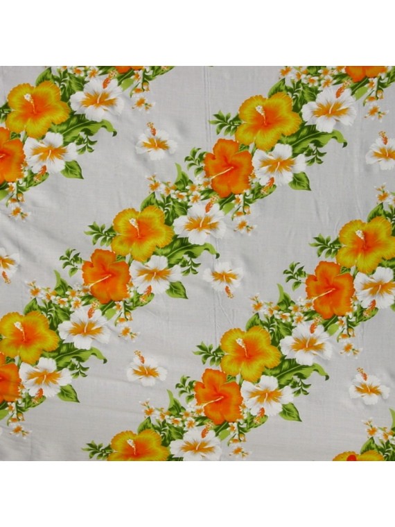 Tissu blanc et jaune orangé Hawaïen frise fleurie